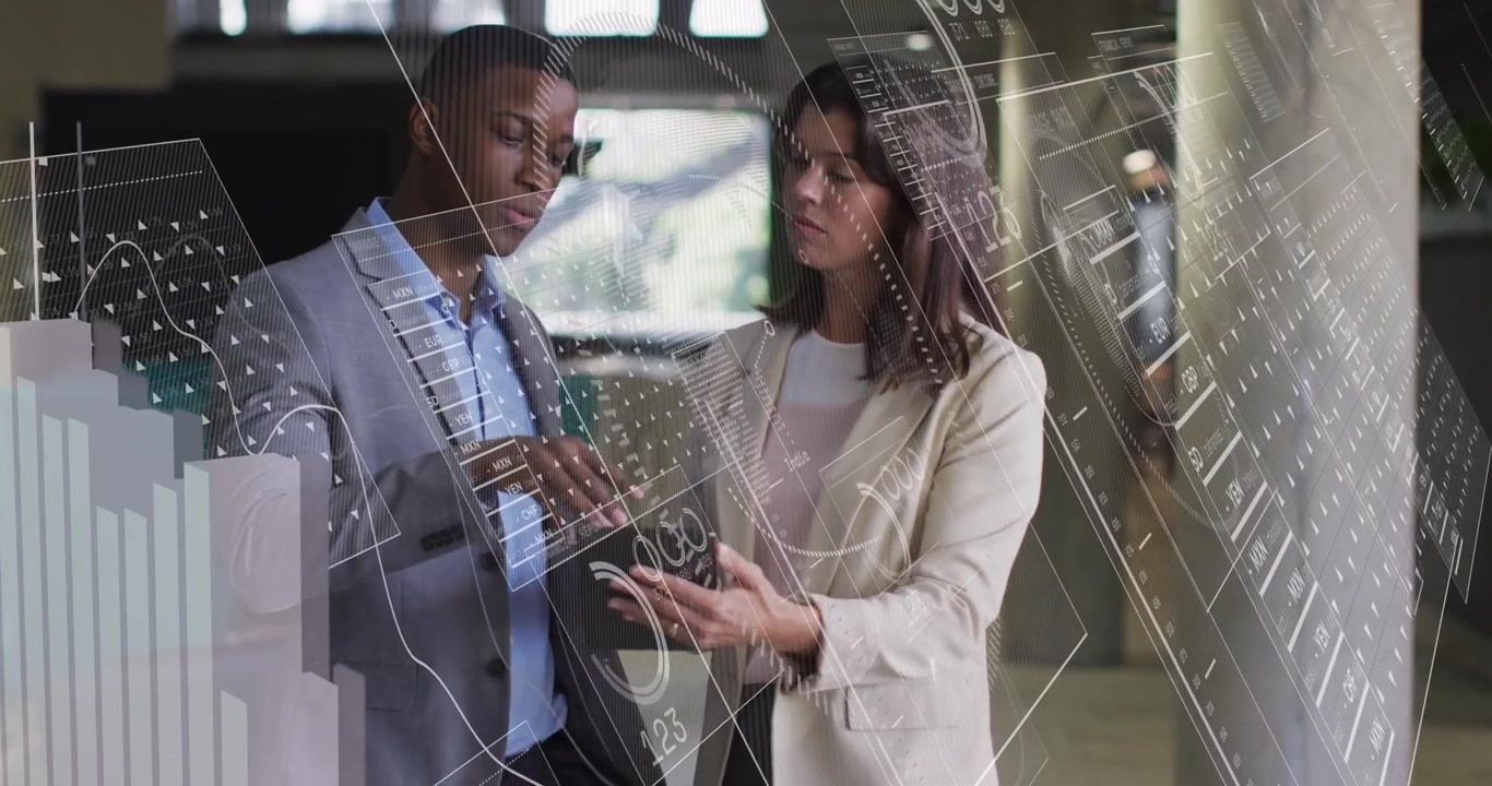 Animação de processamento de dados financeiros sobre diversos empresários em escritório