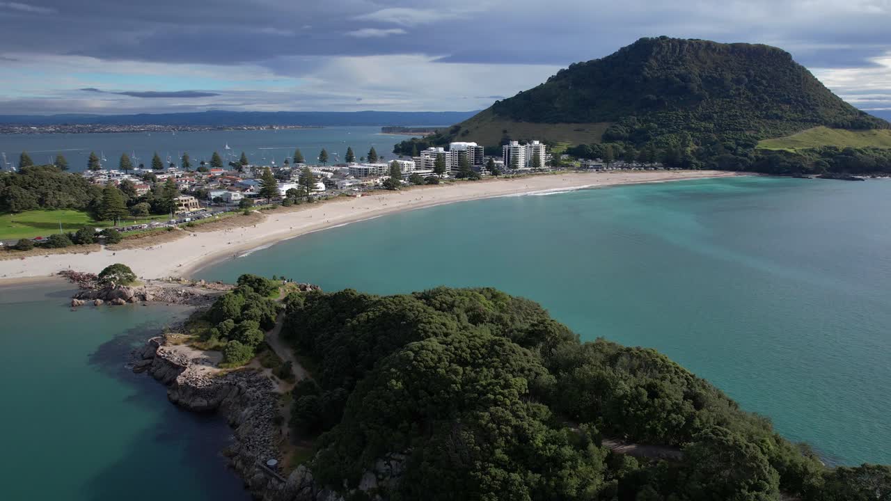 Aerial View of Mount Maunganui Beach and Mauao in Tauranga, New Zealand