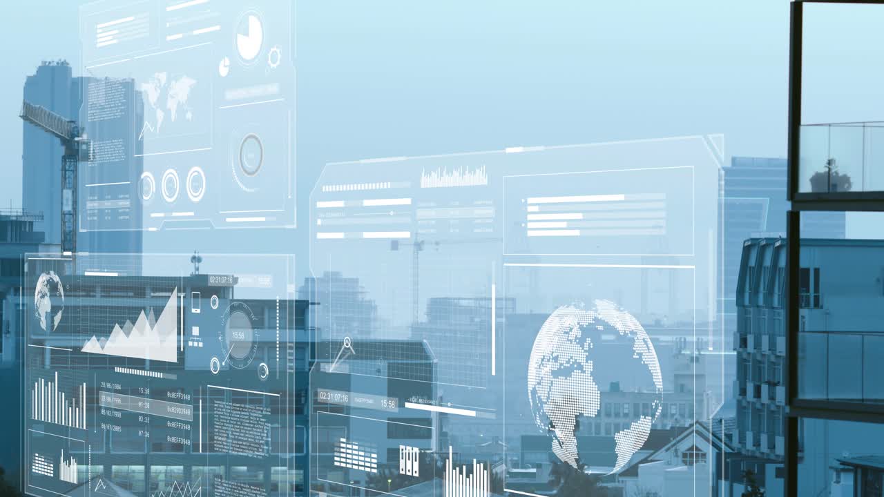 On data update holographic panels appearing over glass, sliding, updating charts, showing live data