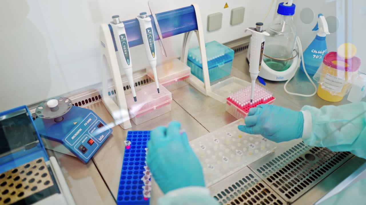 Hands in blue protective gloves of medical assistant working with test tubes. Researcher dripping liquid into vials with special instrument. Close-up.
