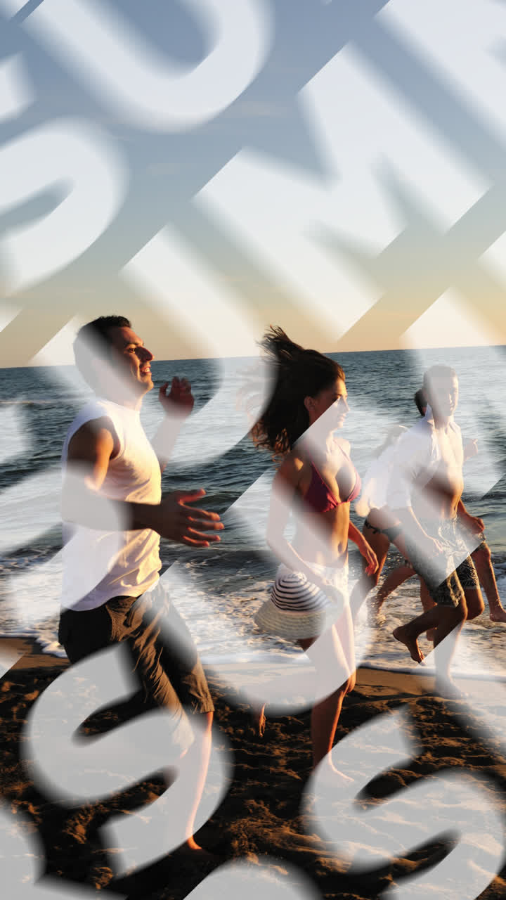 Group of Young Adults Running on a Summer Beach