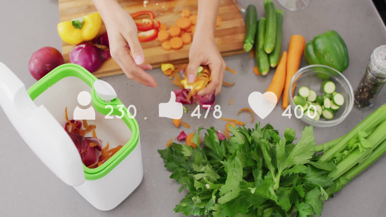 Discarding vegetable peels in kitchen, social media likes and followers animation