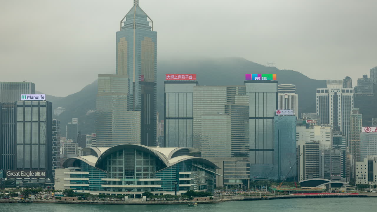 HONG KONG - 19 MARCH 2025 : Hong Kong Central city skyline filmed from across the harbour in kowloon