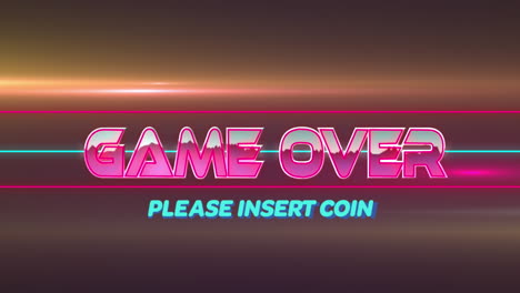 animation of game over please insert coin text over neon banner and light trails on grey background