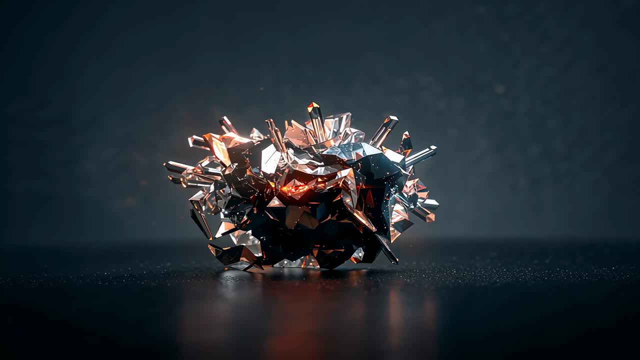 As orange glow intensifying, metallic spiky sculpture rotating on platform, highlighting facets