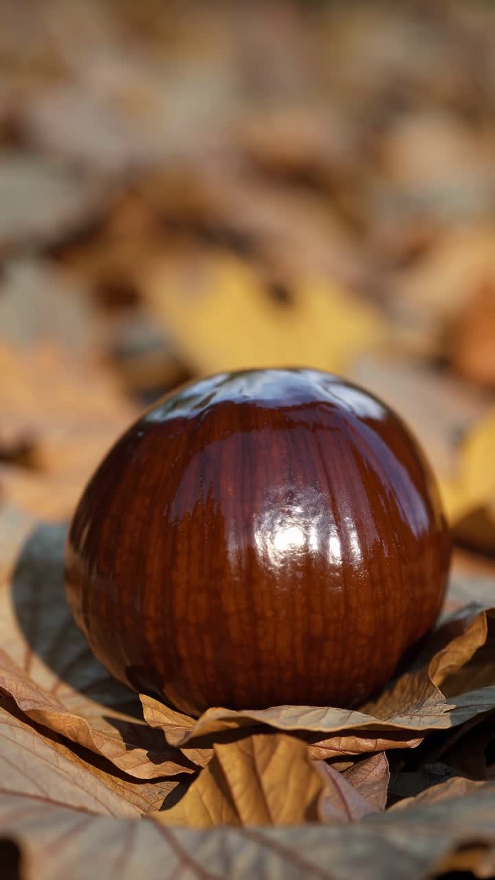 Close-up video angle of a glossy brown sphere on autumn leaves, capturing a warm, natural ambiance