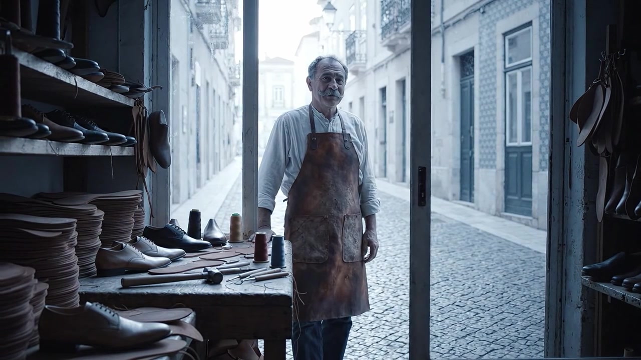 Un Calzolaio Artigiano in un Negozio Vintage, Catturando l'Essenza dell'Artigianato e la Tradizione Senza Tempo della Produzione di Scarpe in una Pittoresca Strada Acciottolata