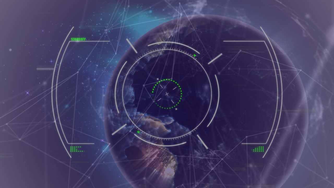 Animation of network of connections, scope scanning and globe over purple background