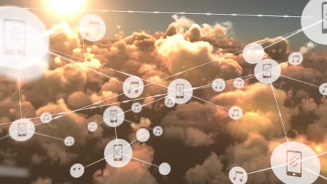 Animation-of-networks-of-connections-with-icons-over-clouds-and-sky