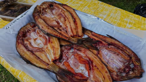 Closeup-Grilled-orange-Salmon-fish-cooked-cut-in-middle,-camping-table-outdoors-grass-floor,-fishing-lifestyle-scene,-healthy-food