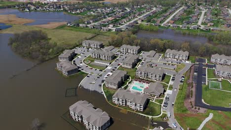 aerial footage of an apartment complex partially submerged in water after april 2025 flooding in clarksville, tennessee
