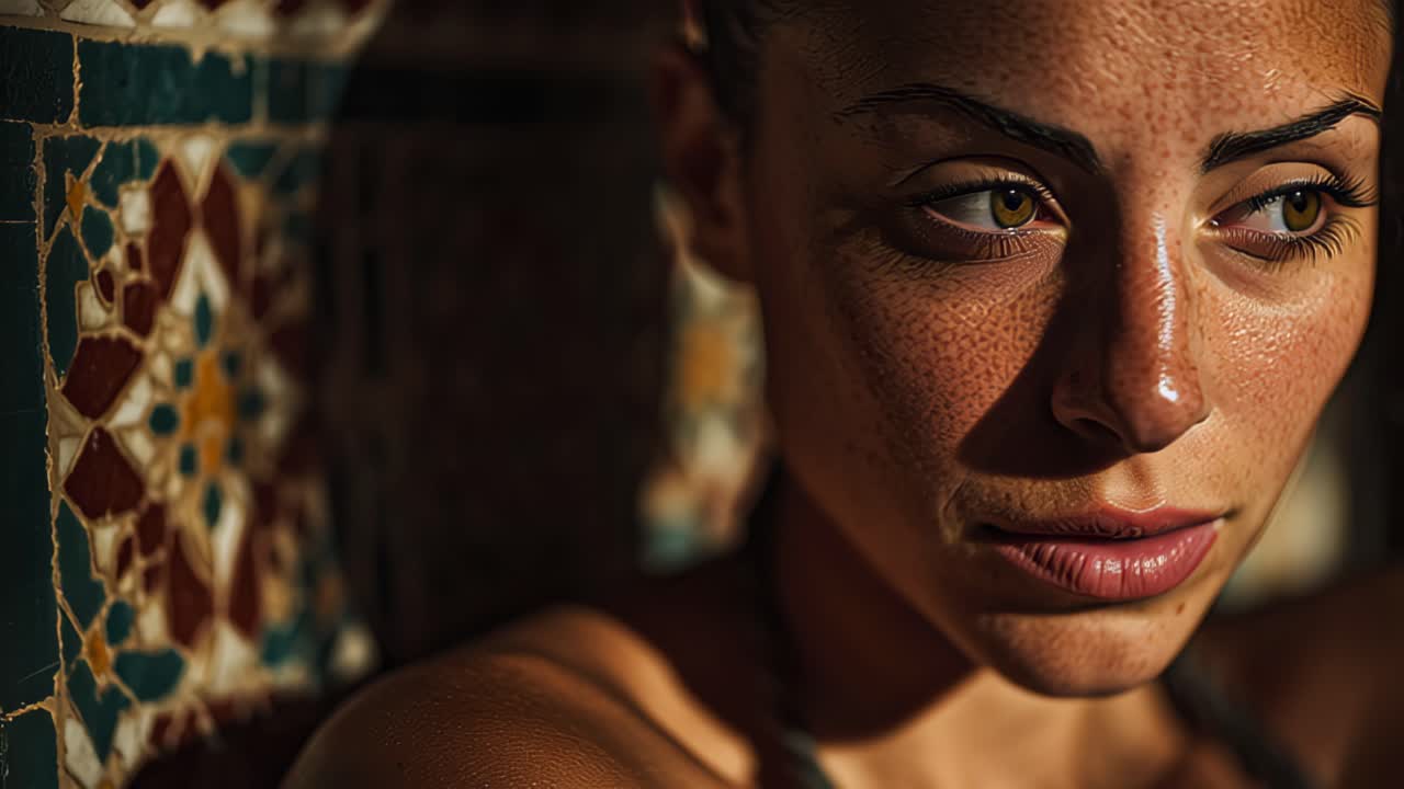 Cinematic close up portrait of a young woman with freckles and green eyes, looking away in warm sunlight beside a colorful mosaic wall, shallow depth of field