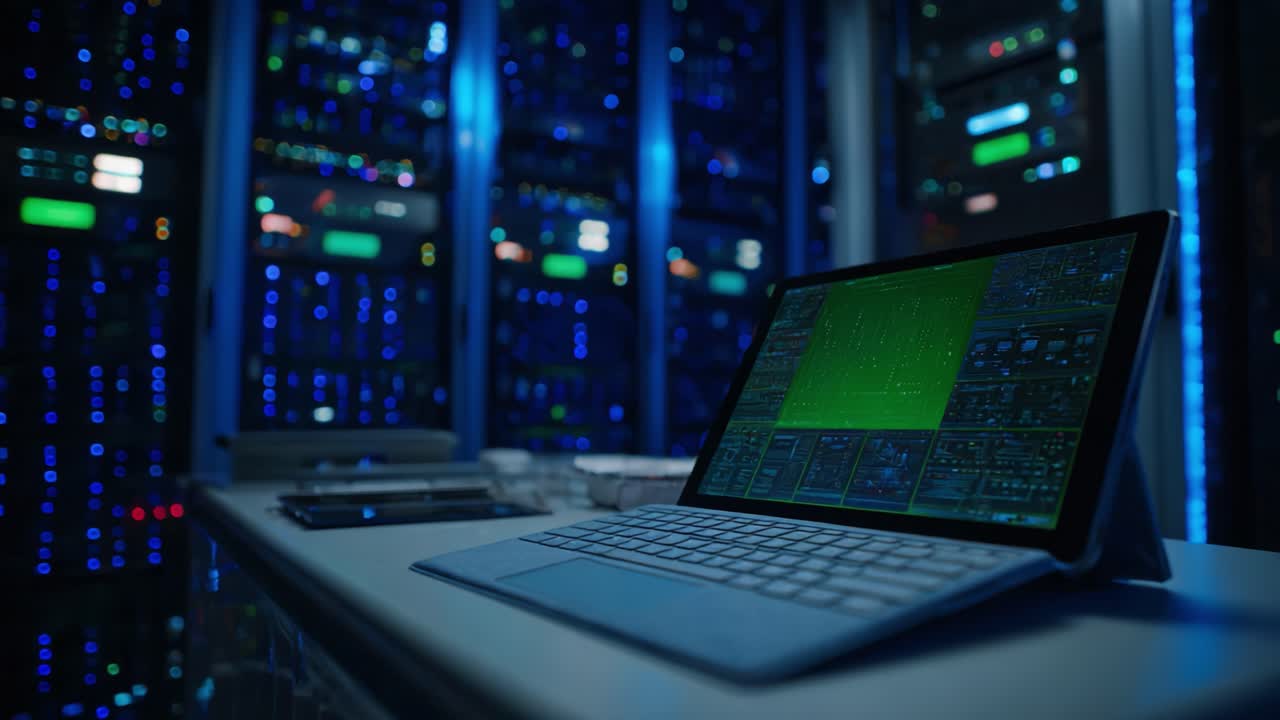 Ett högteknologiskt datacenter med avancerade servrar och en ansluten surfplatta som visar nätverksinformation, belyst av blå LED-lampor