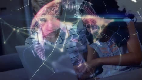 animation of network of connections over children using laptop