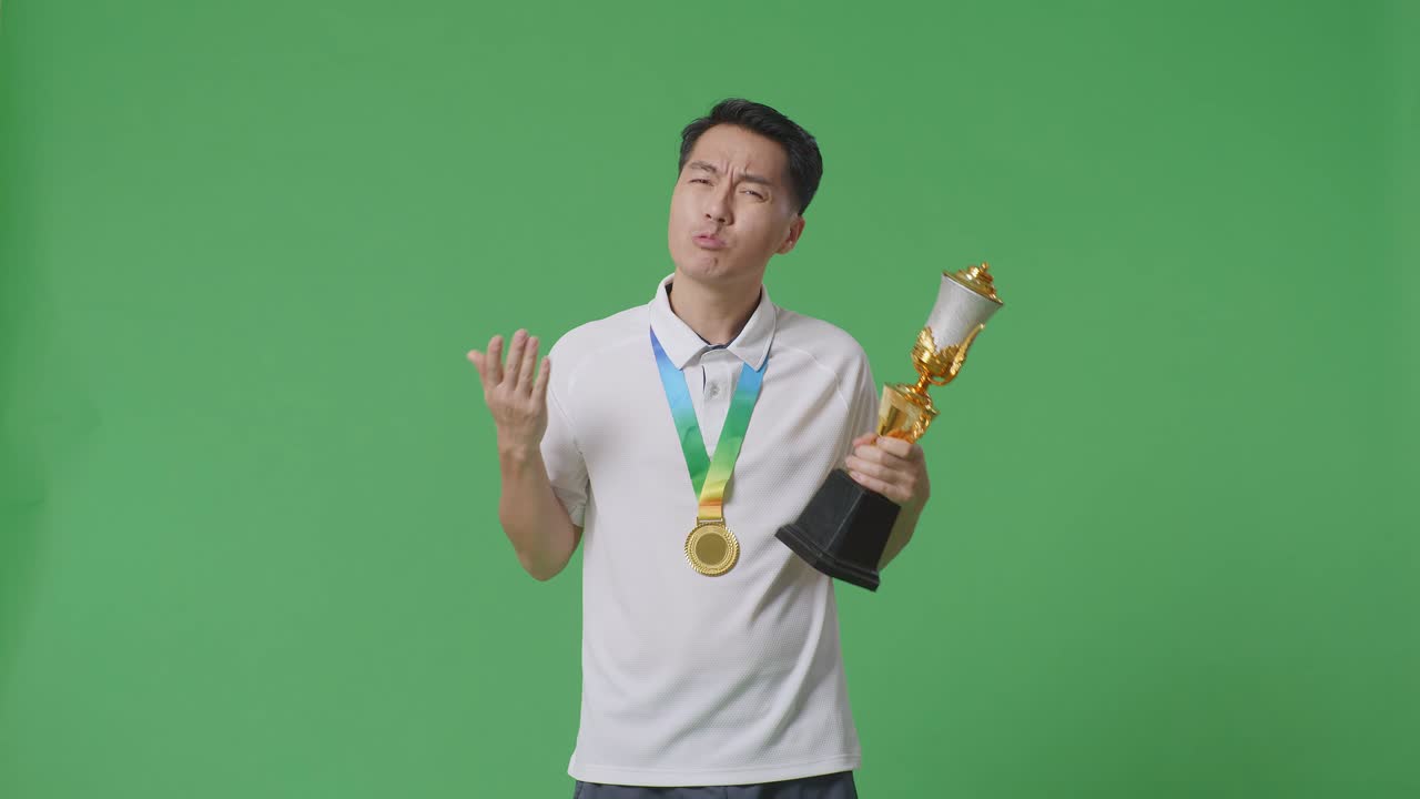 트로피를 들고 있는 실망한 우승자