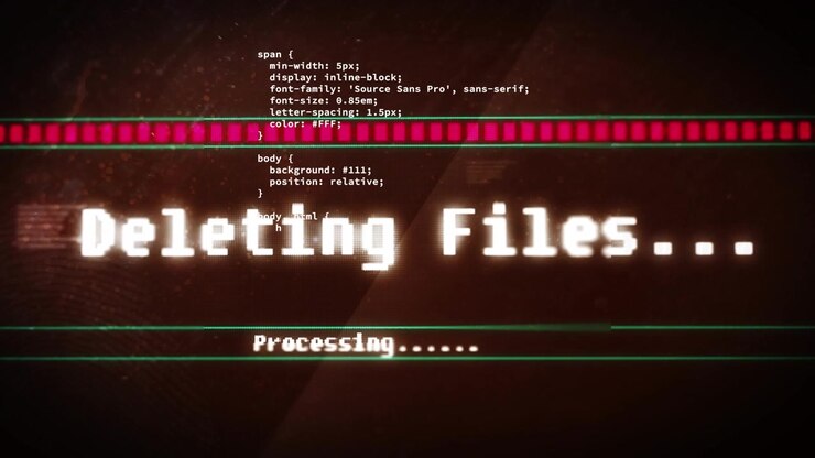 Animation of deleting files and processing text over computer language and loading bar