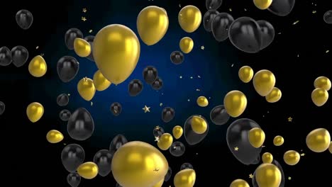 Animation-of-stars-floating-over-balloons-on-black-background