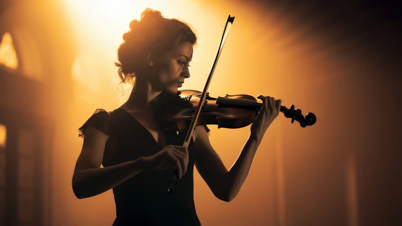 Un fermo immagine cinematografico di una violinista di profilo, immersa in una luce calda
