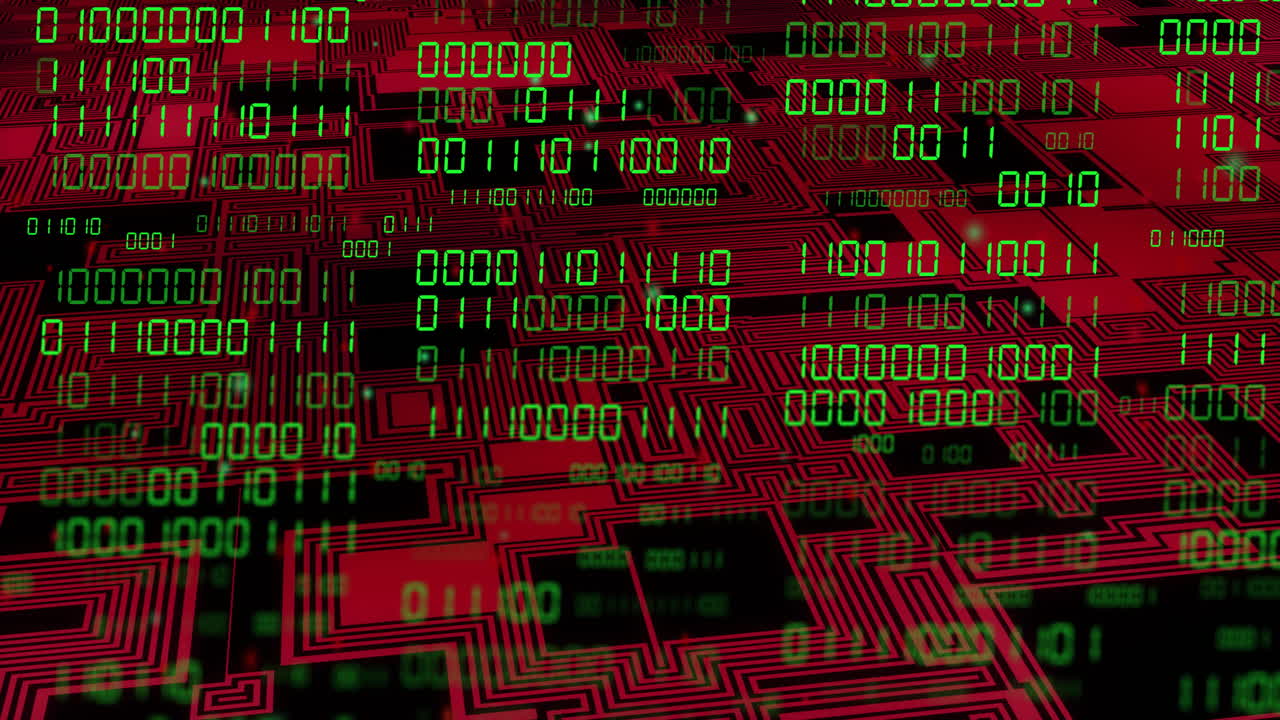 animación del procesamiento de datos de codificación binaria a través de una placa de circuitos sobre un fondo negro