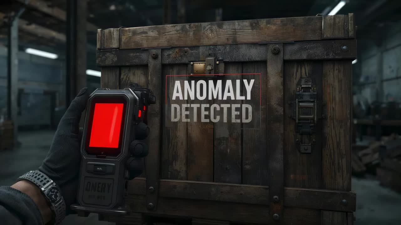 Technician's gloved hand inspecting wooden crate with scanner in warehouse after ANOMALY DETECTED