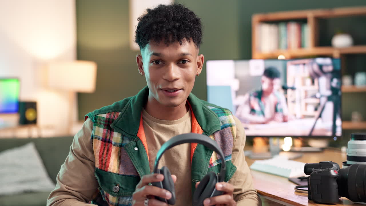 Man holding headphones in a studio