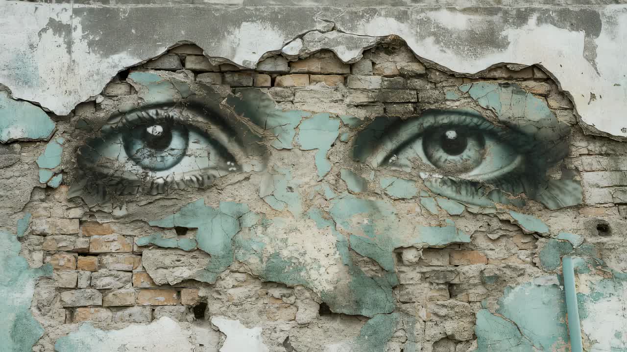 Weathered brick wall featuring oversized blue eyes painted with artistic intensity, creating haunting visual narrative through street art mural