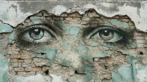weathered brick wall featuring oversized blue eyes painted with artistic intensity, creating haunting visual narrative through street art mural