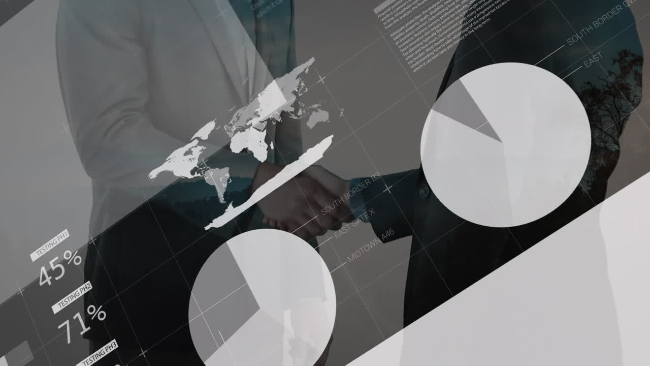 Animation of statistics and data processing over businessman handshake