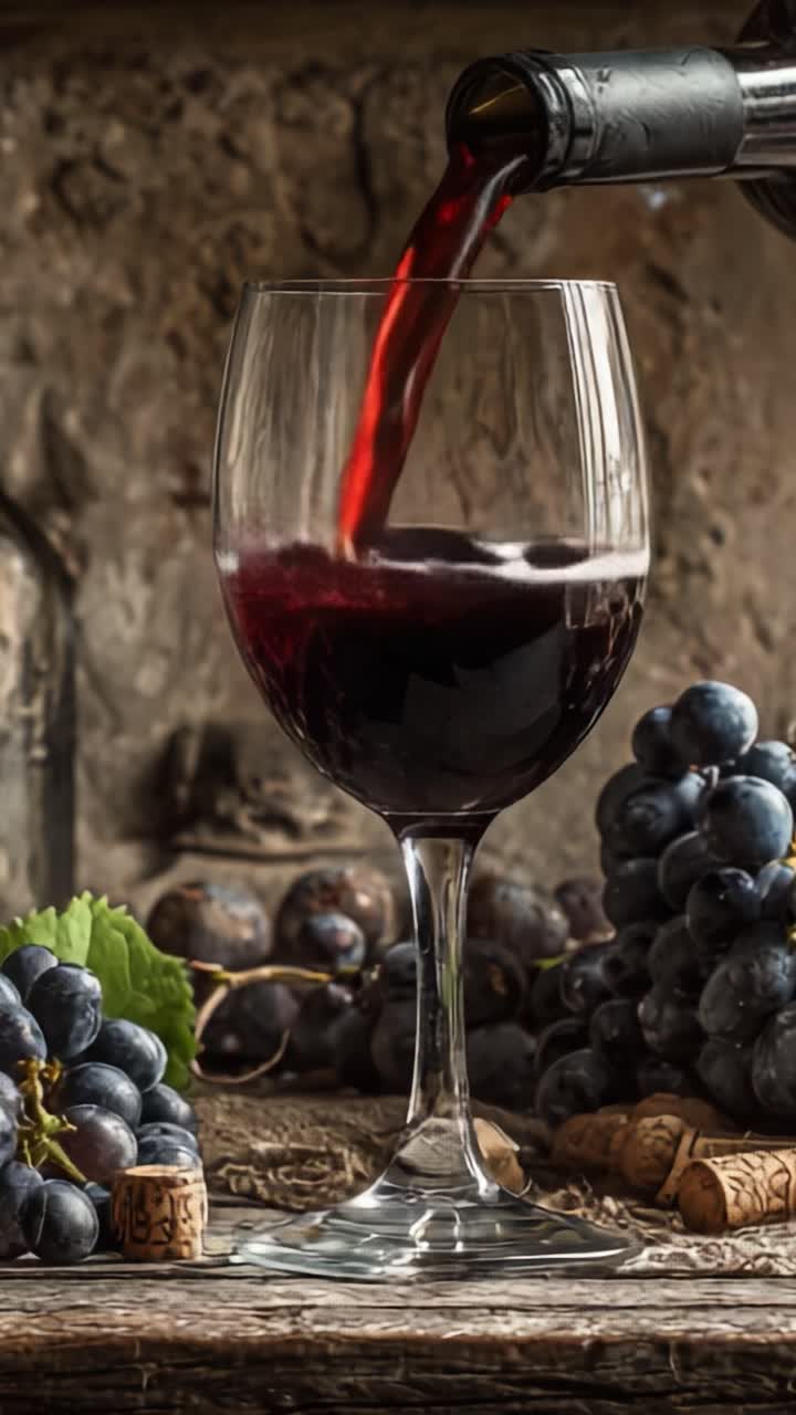 Versamento elegante di vino: una transizione accattivante dal rosso allo scuro, che mette in mostra la ricchezza di uve di qualità e l'arte della presentazione di vini pregiati