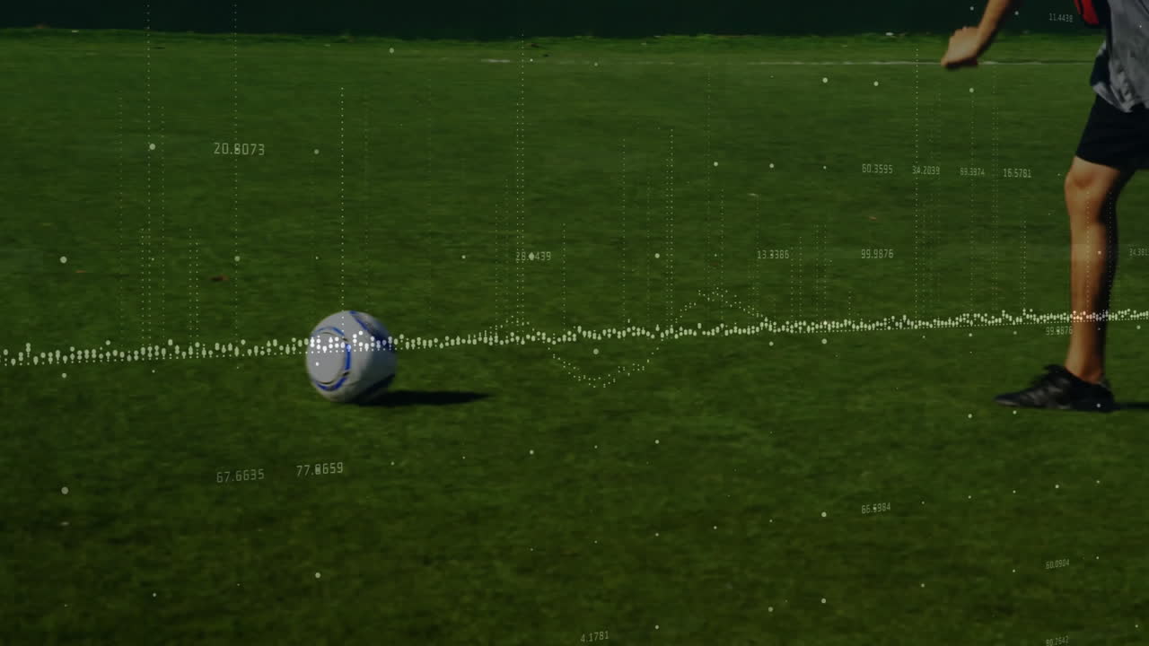 Soccer ball on grass field with data processing animation overlay