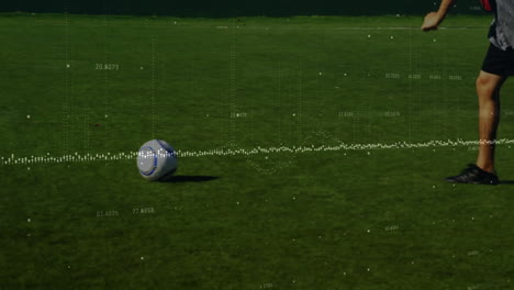 soccer ball on grass field with data processing animation overlay