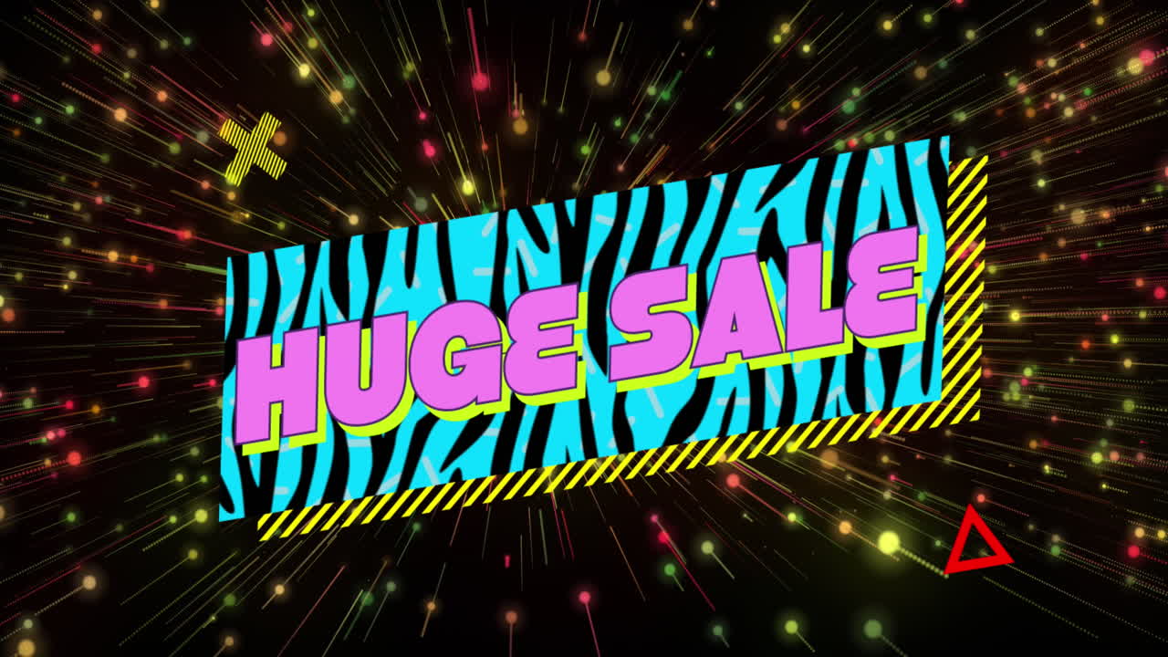 다채로운 배너, 추상적인 모양 및 다채로운 빛 트레일 위에 거대한 판매 텍스트의 애니메이션