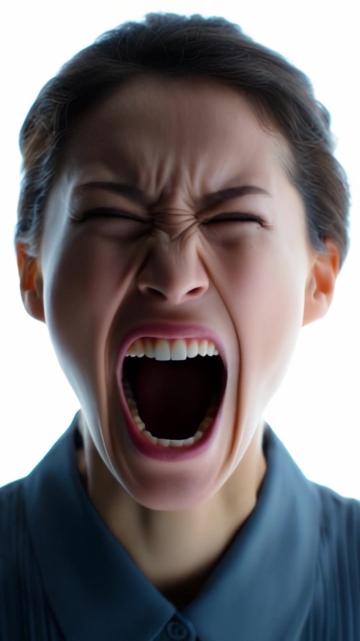 Intense Emotional Expression Captured in Dramatic Close-Up of a Woman Creating a Powerful Impact Through Her Vocal Outburst and Facial Emotion