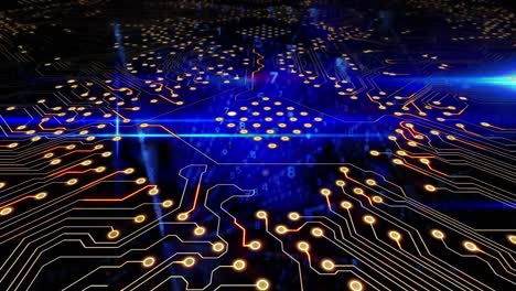 animación digital de las conexiones del microprocesador y codificación binaria sobre senderos de luz azul