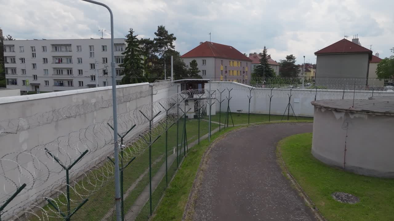 Drone pull-out shot revealing entire prison compound surrounded by high walls and guard posts