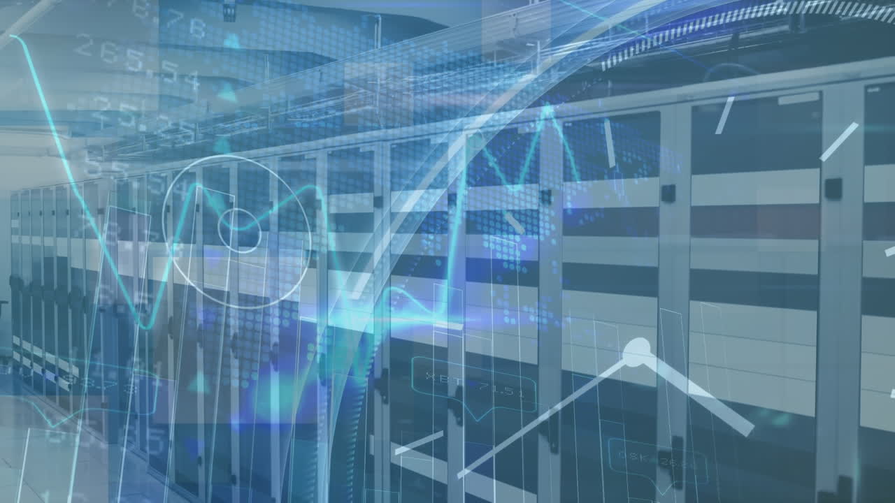 Animation of data processing with clock over server room