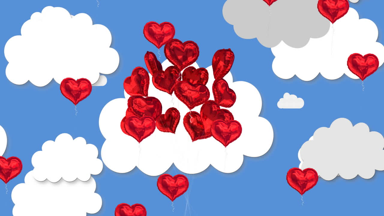 múltiples globos en forma de corazón flotando contra el cielo azul
