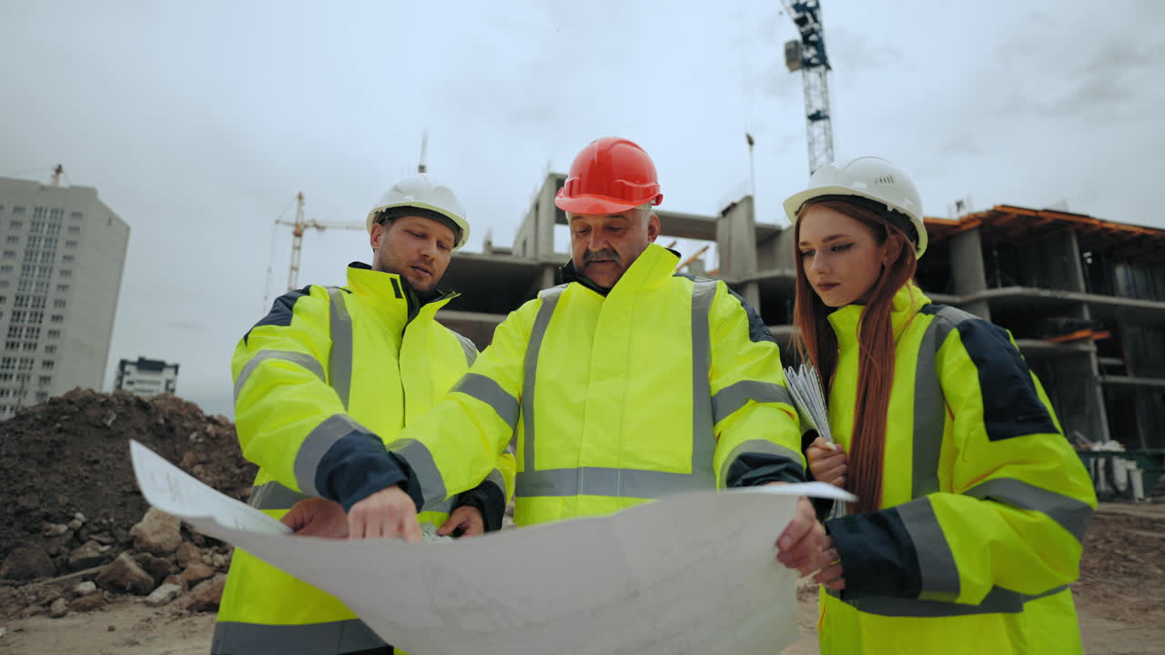 foreman and architects are viewing construction plan in building site engineering group