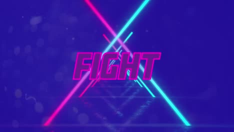 Animation-of-fight-text-over-neon-shapes-on-blue-background