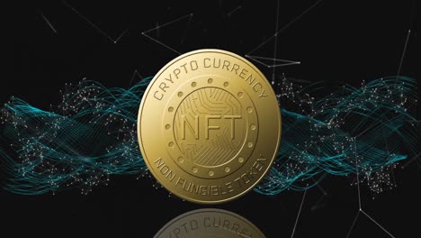 Animation-of-nft-text-on-golden-coin-and-network-of-connections-over-dark-background