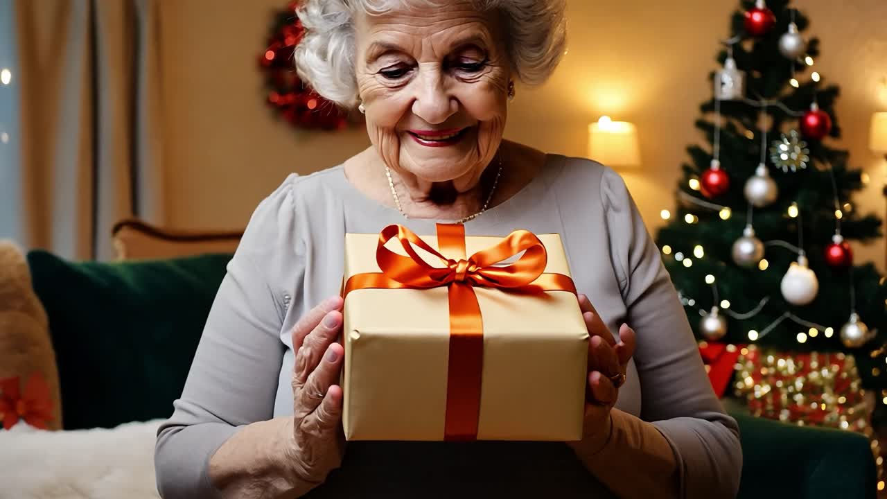 una mujer mayor sonriendo y abriendo un regalo de navidad.