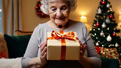 senior woman smiling and opening a christmas gift