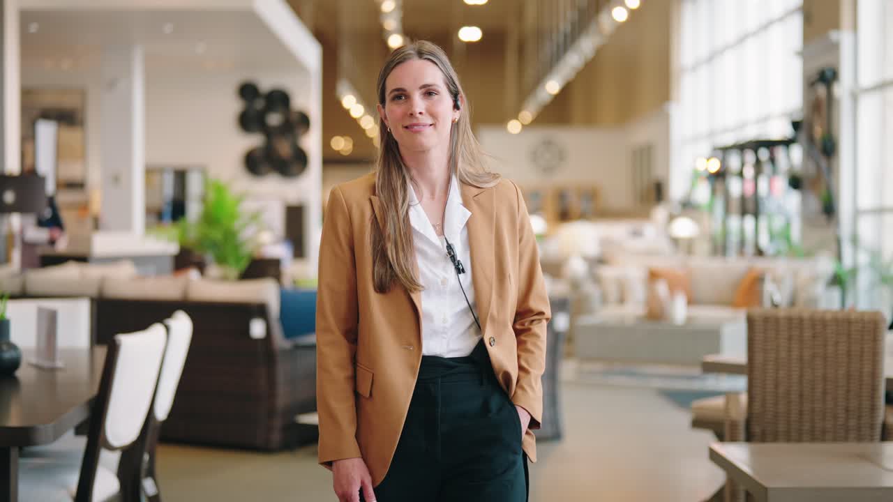 Confident businesswoman strides aisle in store, head held high