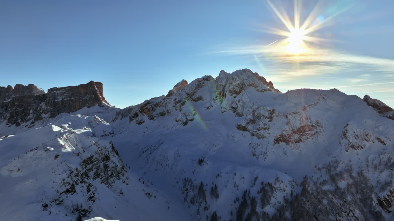 Aerial drone view of the Giau Pass high mountain pass in the Dolomites, Italy