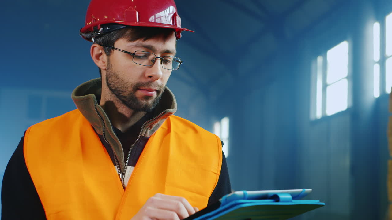 un ingeniero trabaja en un almacén y usa una tableta 5