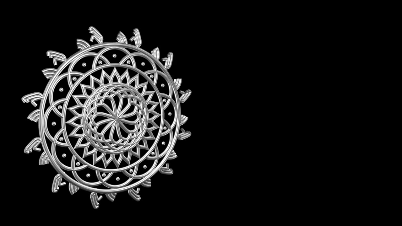 Bella animazione mandala color argento su sfondo nero.