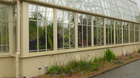 Panning-shot-of-entrance-path-of-Botanic-gardens-glasshouse-in-Dublin,-Ireland-on-a-cloudy-day