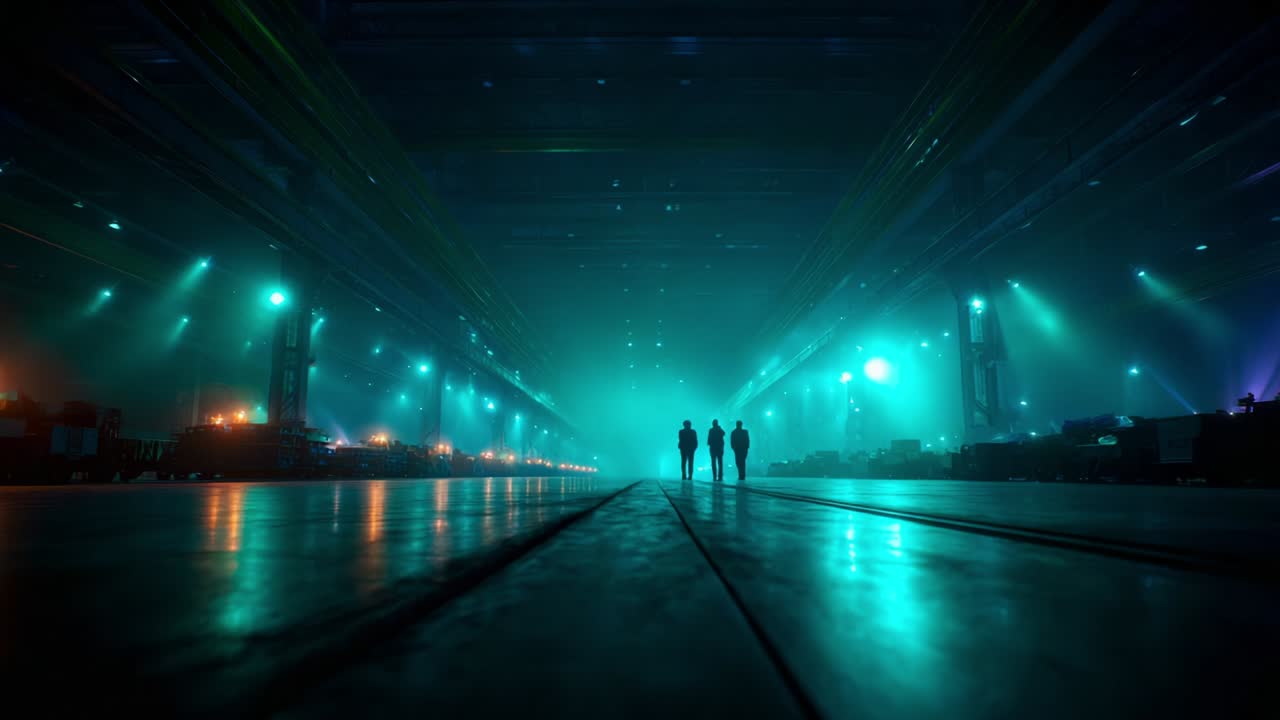 In an expansive, dimly lit industrial space, three silhouettes wander along a long, narrow corridor, surrounded by ethereal blue and green lighting that creates a dreamlike atmosphere inviting curiosity
