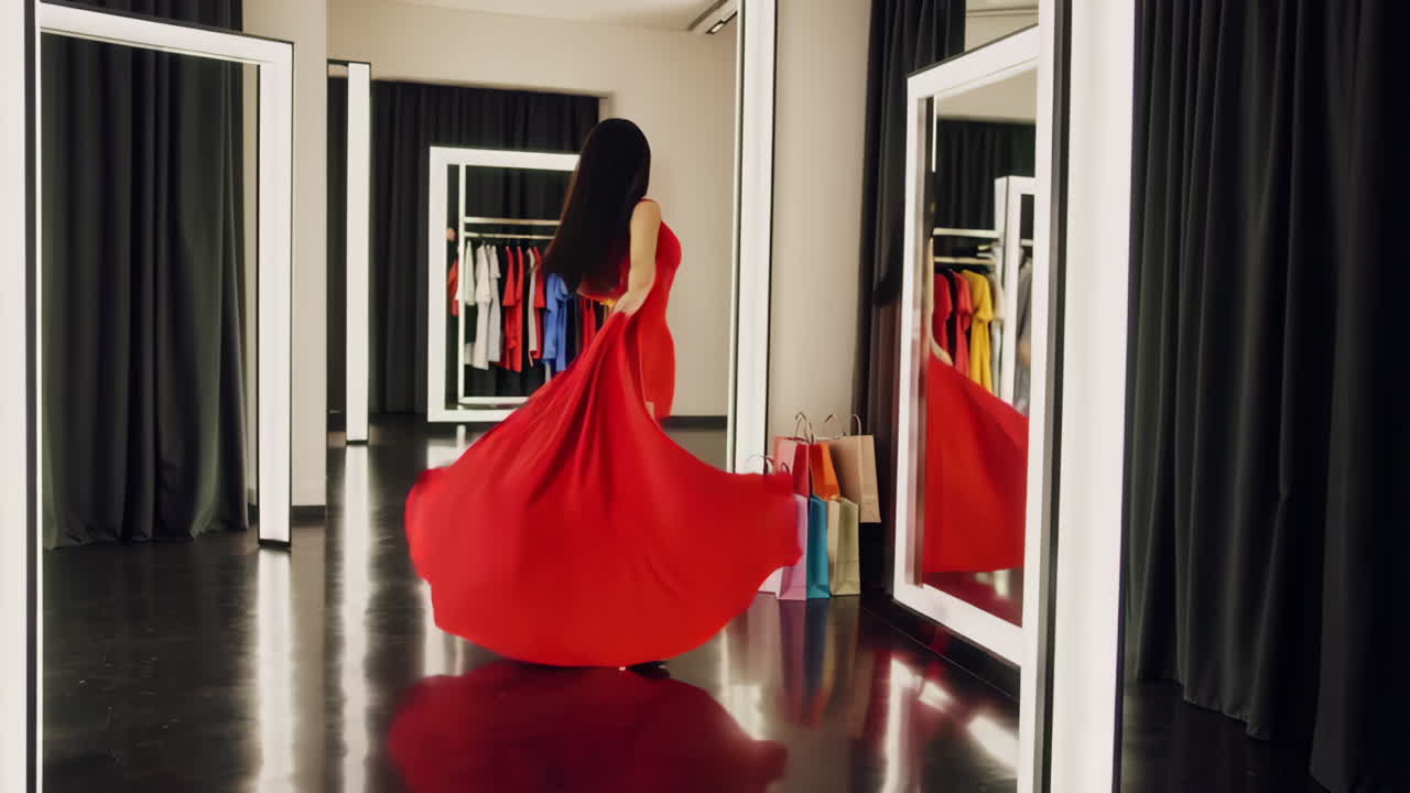 여자 가 은 드레스 를 입고 옷 입는 방 에 있다