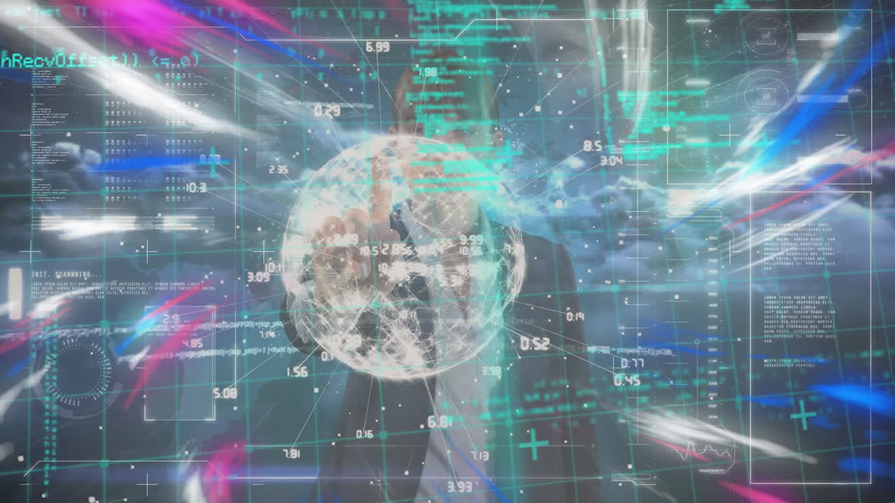 전 세계 숫자의 애니메이션, 프로그래밍 언어, 미래의 기술을 사용하는 백인 여성